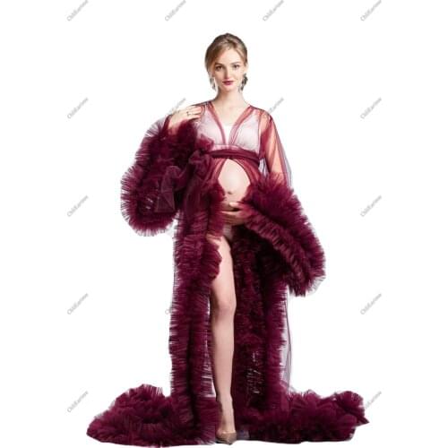 Ladies Dressing Gown Perspective Sheer Long Tulle Robe Puffy Pregnancy Photoshoot