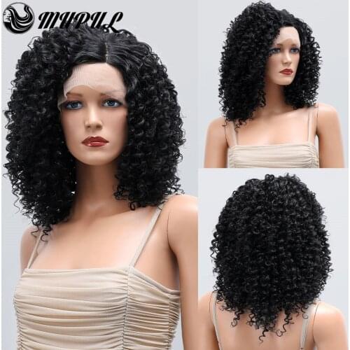 Womens Daily Black Curly Afro T Part Hair Lace Front Synthetic Wig For Black Women Natural Heat Resistant Fiber Hair Wigs