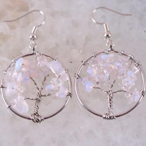 Natural Stone White Opal Handmade Jewelry For Women Tree of Life Dangle Earrings 1Pair U379