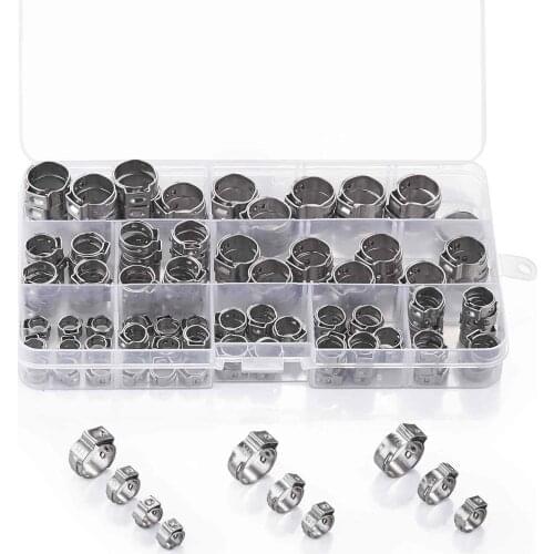130 PCS 304 Stainless Steel Single Ear Hose Pipe Tubing Clips Clamp Crimp Pinch Fitting Adjustable Range 5-15mm Assortment Kit
