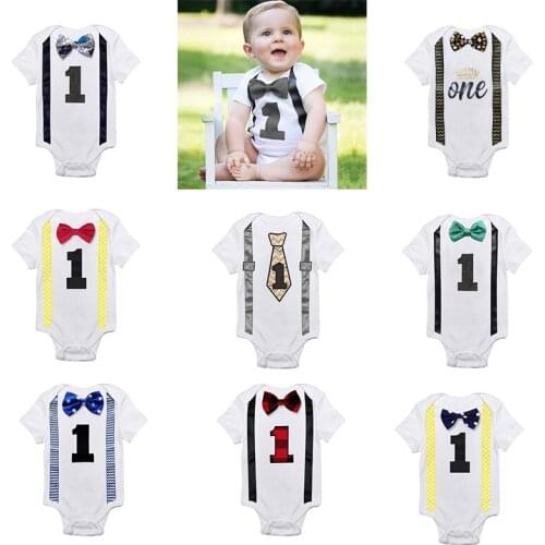 2020 Baby Clothes Boy Romper Newborn Baby White Rompers Suspenders Bow Tie Little Gentleman Suits Boys First Birthday Outfits