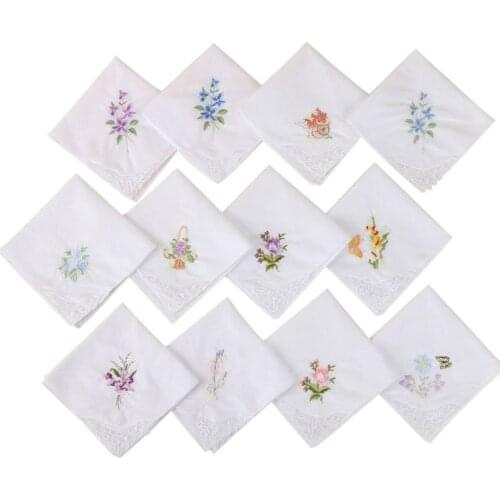 3Pcs/Set Women Basic White Square Handkerchief Floral Embroidered Pocket Hanky Butterfly Lace Cotton Baby Bibs Portable Towel