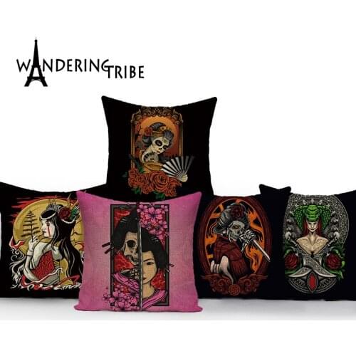 Japanese Woman Style Cushion Cover Pillow Decor Pillow Cover Skeleton Pattern Sofa Pillows Cushions Pillowcase Home Cushion Case