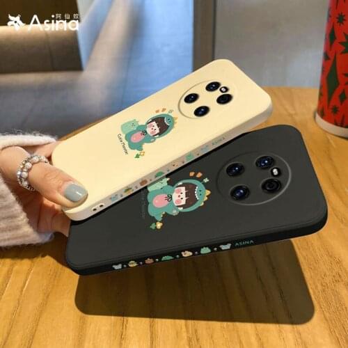 Liquid Silicone Case For Huawei Mate 40 30 20 Pro straight Edge Cute Cover Bumper For Huawei Honor 20 30 8x 9x 9a Dinosaur Girl