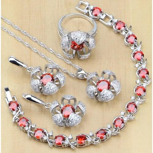 Flower 925 Sterling Silver Jewelry Red Cubic Zirconia White CZ Jewelry Sets For Women Earrings/Pendant/Necklace/Rings/Bracelet