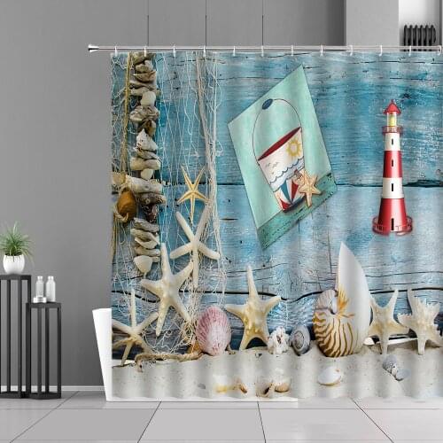 Starfish Wooden Board Print Shower Curtains Shell Lighthouse Fish Compass Beach Scenery Mediterranean Style Bathroom Curtain Set