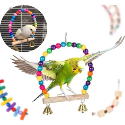 Wooden Parrots Swing Toys Birds Perch Hanging Swings With Wood Beads Bells Cockatiel Parakeets Toys Agaporni Game Birds Supplies