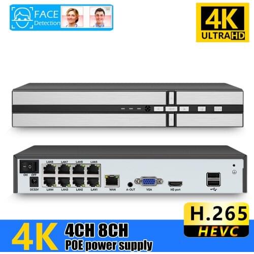 USAFEQLO 4K 8CH POE NVR ONVIF H.265 3.5mm Audio Out Surveillance Security Video Recorder for POE IP Camera 1080P/4MP/5MP/8MP/4K