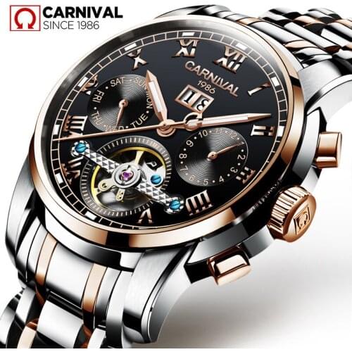 Carnival Men Fashion Automatic Mechanical Watch Sapphire Waterproof Luminous Auto Date Week Watches Men Sport Tourbillon Clock