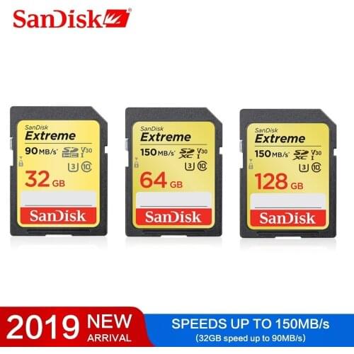 SanDisk Memory Card Extreme SDHC/SDXC SD Card 4K UHD 32GB 64GB 128GB C10 U3 V30 150MB/s (32GB: 90MB/s) UHS-I Flash Card