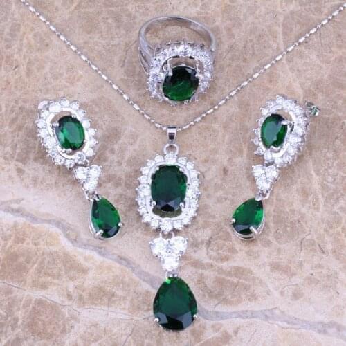 Green Cubic Zirconia White CZ Silver Plated Jewelry Sets Earrings Pendant Ring Size 6 / 7 / 8 / 9 / 10 S0045
