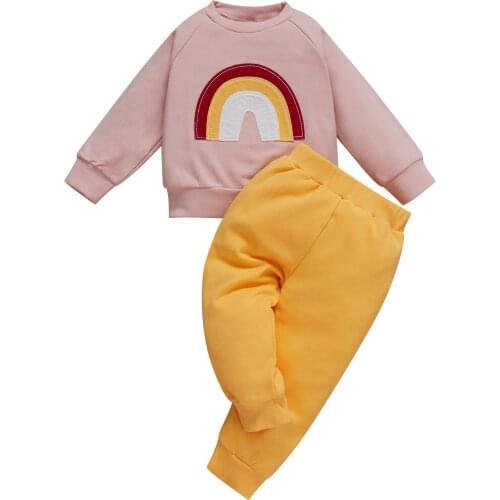 Lioraitiin 0-4Years Toddler Baby Girl 2Pcs Autumn Fashion Clothing Set Long Sleeve Rainbow Printed Top Yellow Long Pants