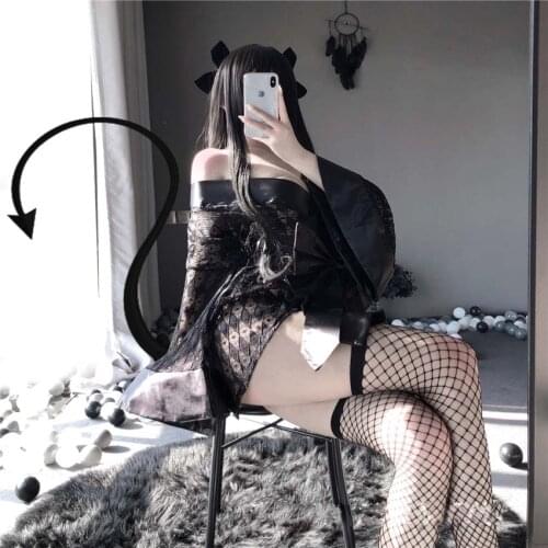 3Pcs Set Sexy Pajamas Women Cosplay Japanese Kimono Dress Uniform Black Devil Costumes Pajamas Soft Silk Belt Sleepwear Sets