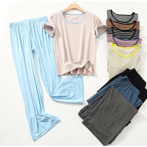 Modal Short-Sleeved T-Shirt + Pant Two Piece Set Women Summer Pajamas Thin Big Size Sleepwear Suit Striped Pyjama Femme XXL