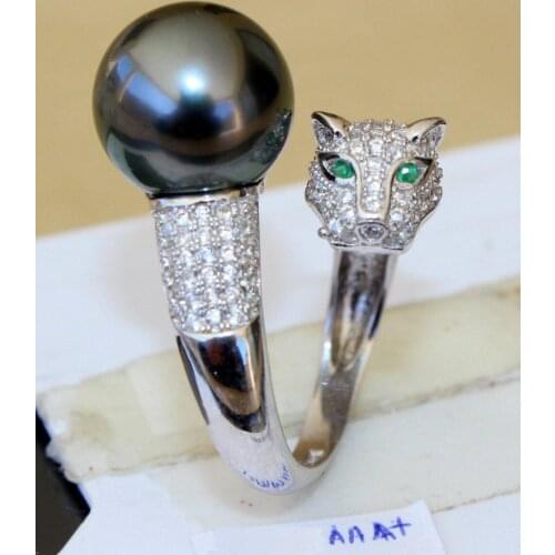 Vogue stunning natural round AAA 10-11mm tahitian black pearl Leopard ring