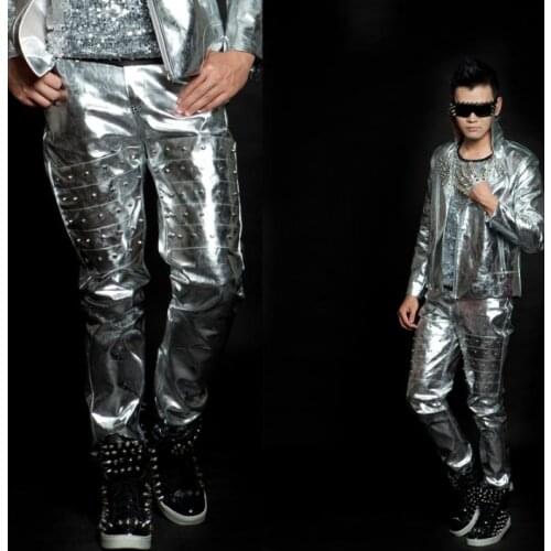 Stage personality men pants silver rivets pant men feet trousers singer dance rock fashion european style pantalon homme