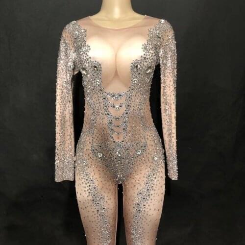 2020 Women New Sexy Jumpsuit Sparkling Rhinestone Bodysuit 3D Printing Chest Nightclub Party Stage Wear Performance Costume