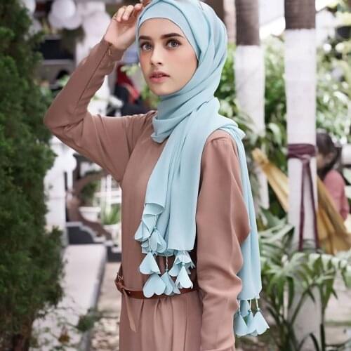 New Trendy Chiffon Plain Hijab Wrap Muslim Hijabs Scarf Turbanet Headscarf With Beads Flowers Tassel Hijabs