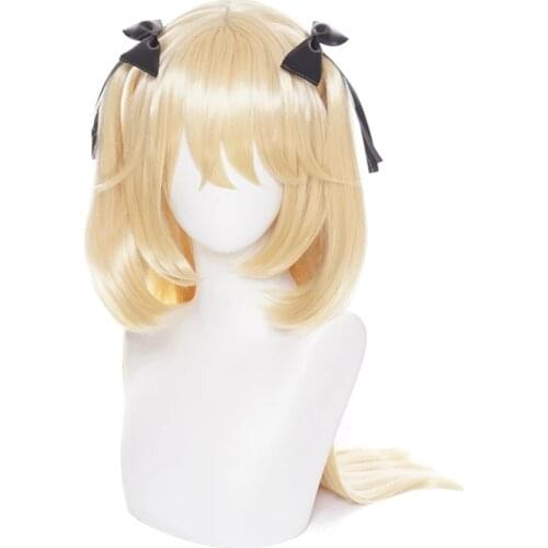 Genshin Impact Fischl Wig Cosplay Blonde Twin Curly Ponytails Golden Straight Heat Resistant Hair Adult Halloween Role Play