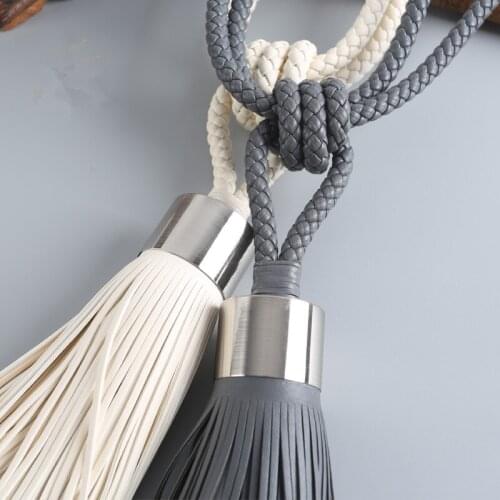 QGVLish 2Pcs/Pair Leather Curtain Tiebacks Tassel Hanging Belt Ball Ropes Buckle Straps Curtain Accessories Bind Tie Tape Back