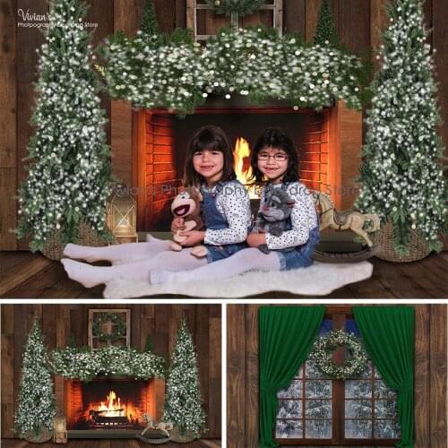 Christmas Fireplace backdrop Kids Family Portrait Photography Props Windows Winter Green Curtain Child Baby Photostudio Banner