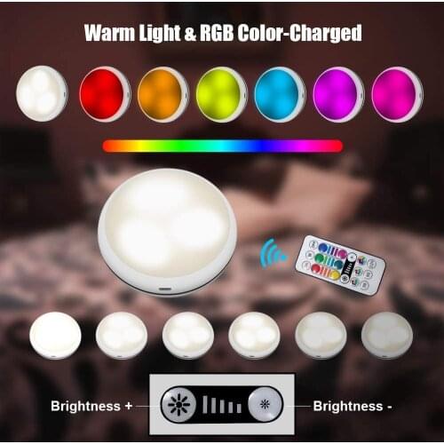 LED Cabinet Light RGB Color Puck Lights Dimmable Under Shelf Kitchen Counter Lighting USB Charging Remote Controller Night Light