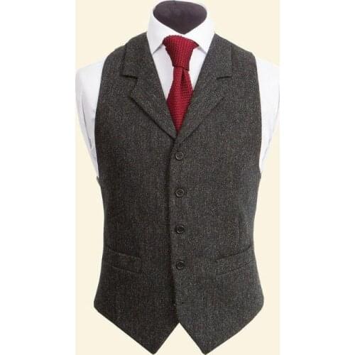 Vintage Black Wool Tweed Vests Slim Mens Suit Vests Custom Made Sleeveless Suit Jacket Men Wedding Waistcoat Mens Dress Vest