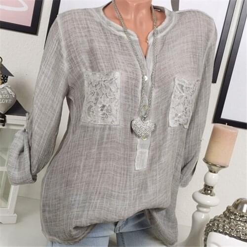 Spring Autumn Women Shirt Long Sleeve Solid Color Top 2018 New Design Fashion Casual Lace Patchwork Loose Shirts Plus Size S-5XL