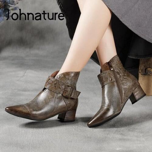 Johnature Shoes Women Boots Genuine Leather Zip Pointed Toe 2021 New Autumn Winter Leisure Retro Handmade Concise Platform Boots