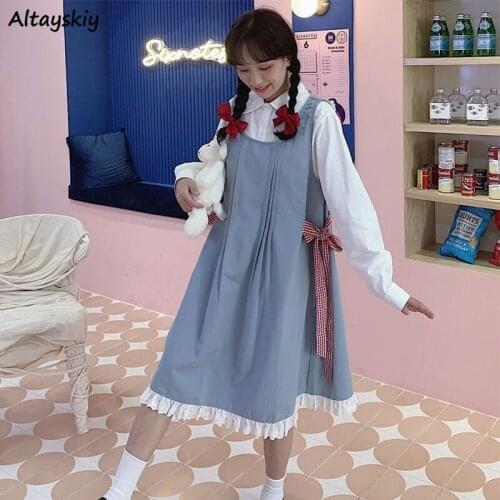 Dresses Women Patchwork Sleeveless Ruffles Japanese Style Kawaii Trendy Sweet Harajuku Popular College Vestido Feminino Slim