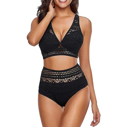 Two Piece Plus Size Swimsuit Women Black Swimsuit 2 Piece Lace Women Swimsuit Bikini Set With Cover Up Tropical Bikini Swimsuit