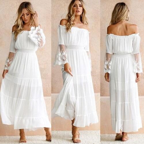 Sexy Off Shoulder Lace Boho Women Maxi Dress Women Strapless Long Sleeve Loose White Beach Dress 2021 New