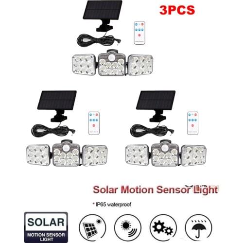 3pcs 138 led remote seperable Solar Light Outdoor 3 Head Motion Sensor 270 Wide Angle Illumination Wall Lamp Garden Garage 5M ca