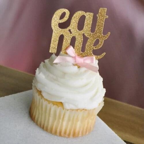 Glitter Eat me cupcake toppers,gold tea party decor, eat me with ribbon bow Alice in Wonderland Party cupcake toppers glitter