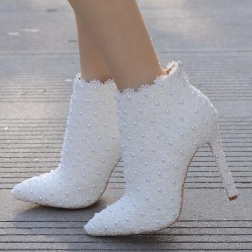 Crystal Queen Sexy Fashion White Lace Lady Party Prom Shoes Boots Wedding Shoes Bridal Dress Women Shoes