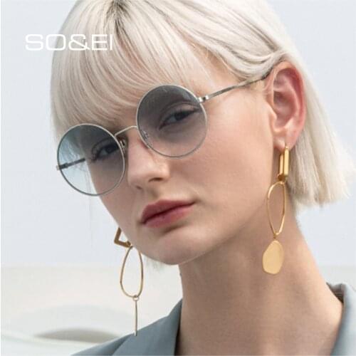 SO&EI Fashion Round Women Sunglasses Retro Metal Frame Clear Ocean Lens Eyewear Men Gradient Punk Sun Glasses Shades UV400