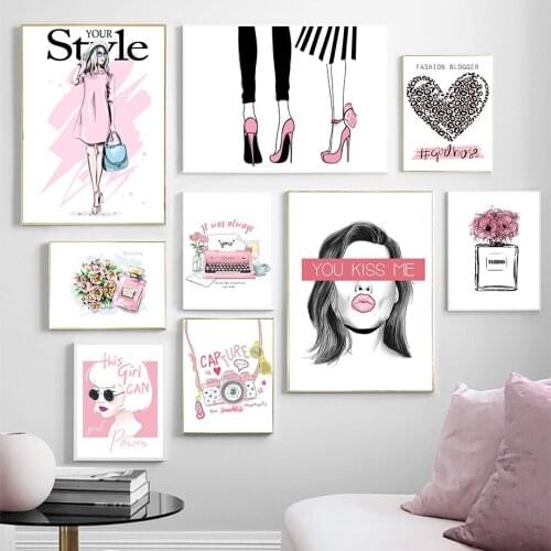 Fashion Girl Flower Perfume High heels Camera Nordic Posters And Prints Wall Art Canvas Painting Wall Pictures For Living Room