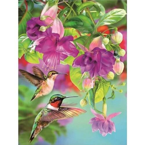 Round Diamond Full Diamond Diamond Painting Set Living Room Dining Room Decoration Mural DIY Purple Flower and Bird