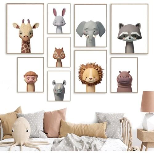 Wall Pictures Kids Room Decor Cartoon 3D Animal Elephant Hippo Giraffe Rabbit Nordic Posters And Prints Wall Art Canvas Painting