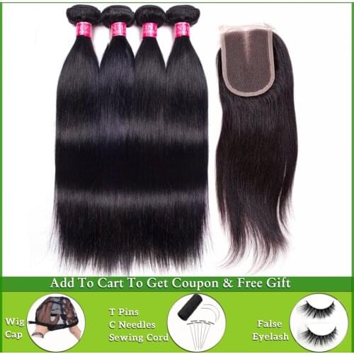 Wholesale straight hair bundles with closure human hair bundles with closure Brazilian hair weave bundles with closure extension