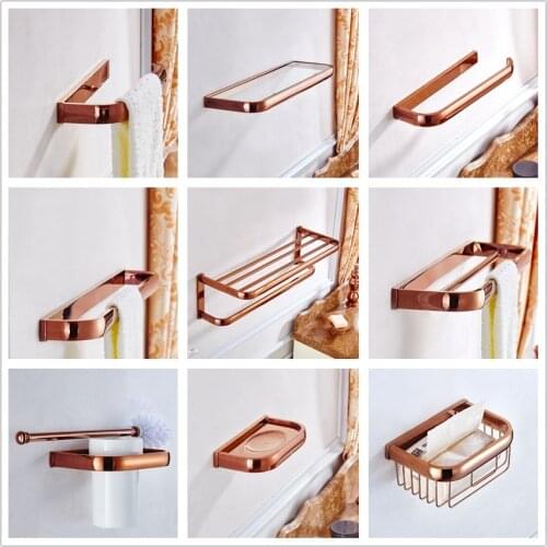 Luxury Rose Gold Brass Bathroom Accessories Paper Holder Towel Bar Soap Dish Towel Rack Robe Hook Brush Shelf Bath Hardware Sets