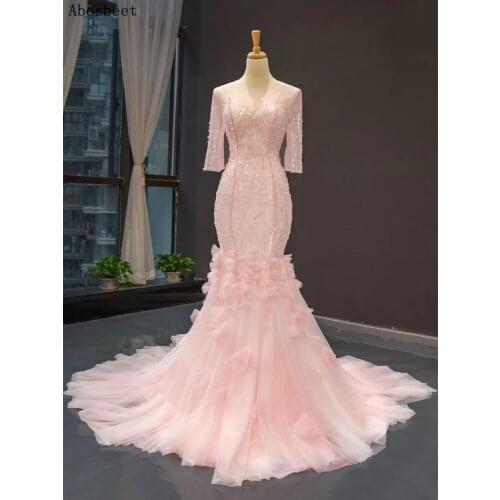 Pink Half Sleeve Mermaid Evening Dress Shining Beading Sheer Neck Elegant Trumpet Style Long Formal Evening Gown Women Party