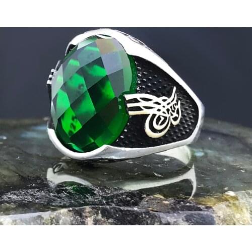 Solid 925 Sterling Silver Green Emerald Stone Men Ring with Ottoman Sultan Tughra