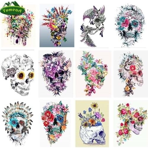 YUMEART 5D DIY Diamond Painting Skull and Flower Halloween Diamond Embroidery Cross Stitch Rhinestone Diamond Mosaic Home Decor