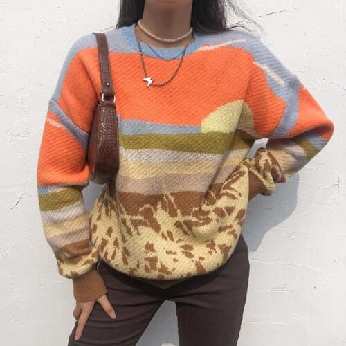 Vintage Print Loose Sweater Casual Fashion Long Sleeve Autumn Pullover 2021 Oversize Harajuku Patchwork O Neck Women Sweater