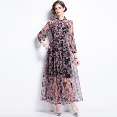 2021 Autumn Lily Flower Long Dress For Women New Elegant Bow Collar Full Sleeve Boho Holiday Maxi Chiffon Dress Vestidos