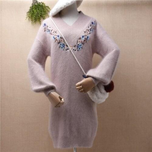 Female women fall winter angora rabbit fur knitted embroidery long lantern sleeves slim blouses pullover jumper sweater dress