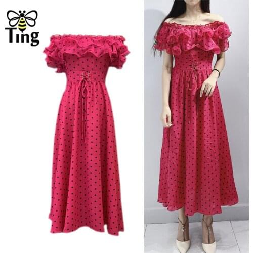 Tingfly Vintage Elegant Ploka Dot Print Ruffles Slash Neck Women Summer Dress Fashion High Waist Lace Up Boho New Vestido Zaful