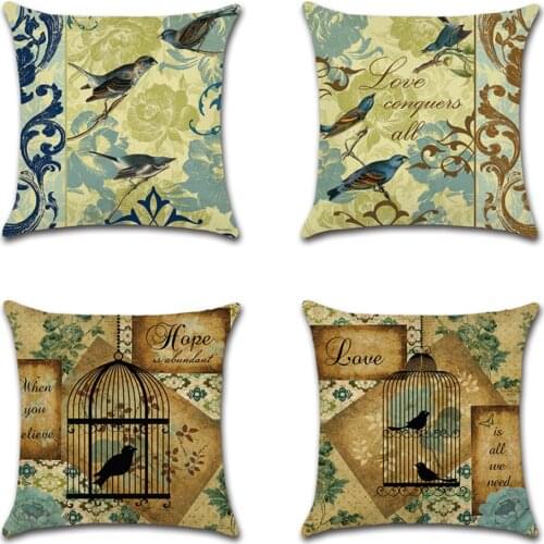 Retro Animal Pillow Case Birdcage Bird Flower Printing Cushion Cover Home Decorative Linen Car Sofa Waist Pillowcase 45*45cm