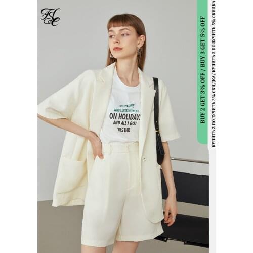 FANSILANEN Office Lady 2021 Newly Autumn Womens Clothing Single Button Professional Suit Solid Pleat Pockets Two-piece Shorts
